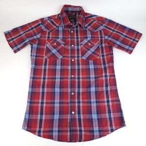 High Noon Western Shirt Mens Small Red White Blue Plaid Pearl Snap Cowboy